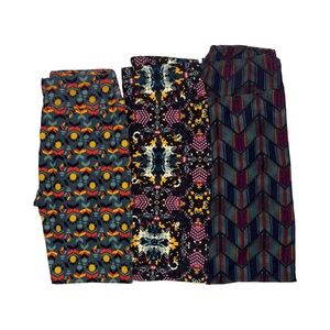 LuLaRoe Lot 3 Leggings Size OS Geometric Teal Burgundy Yellow Blue Black